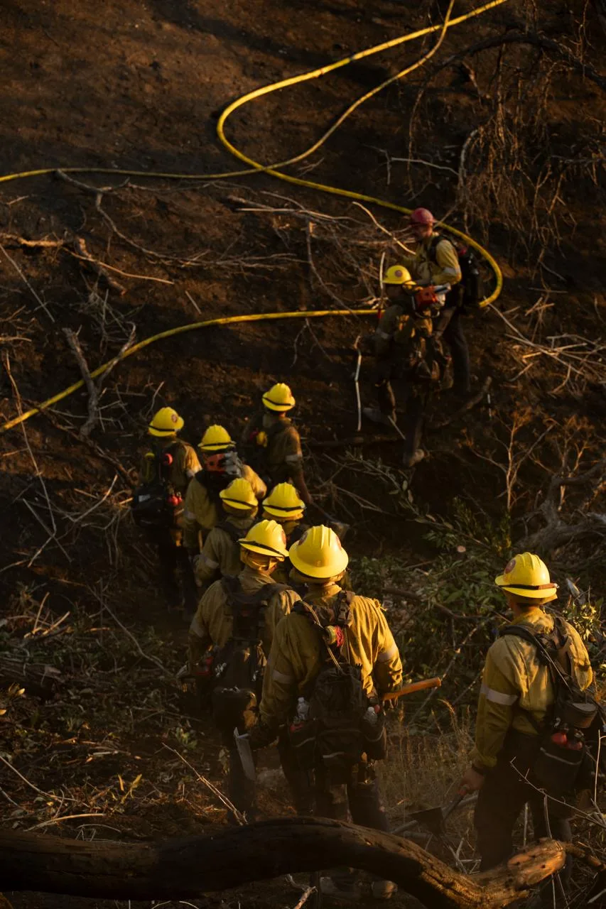Wildland firefighting crew in yellow gear hiking single-file through a fire-scarred hillside at dusk — the kind of activation Globeo houses inside 38 hours
