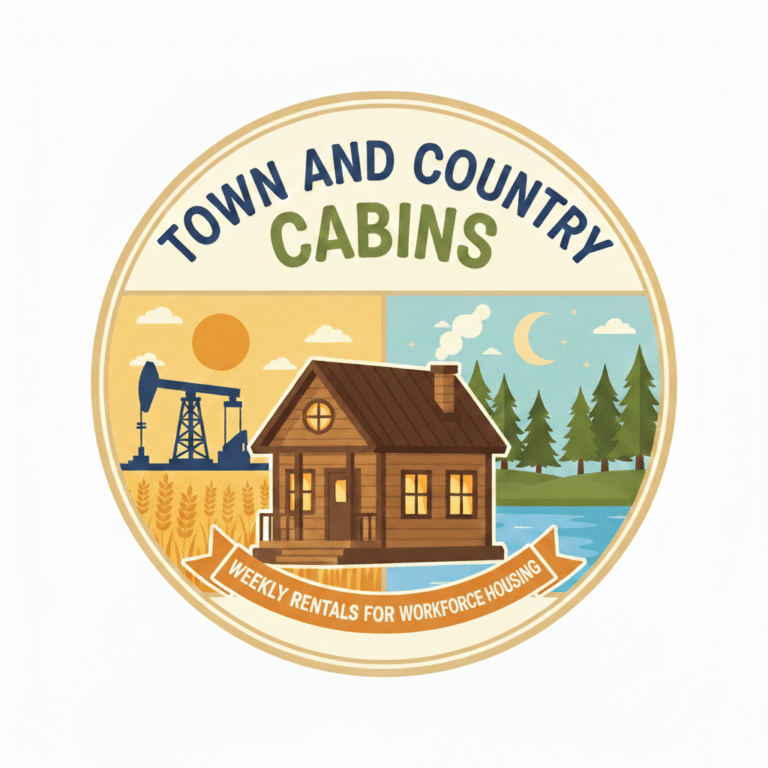 Circular Town and Country Cabins logo: a timber cabin between an oilfield pump jack and a lakeside pine scene, banner reading weekly rentals for workforce housing.