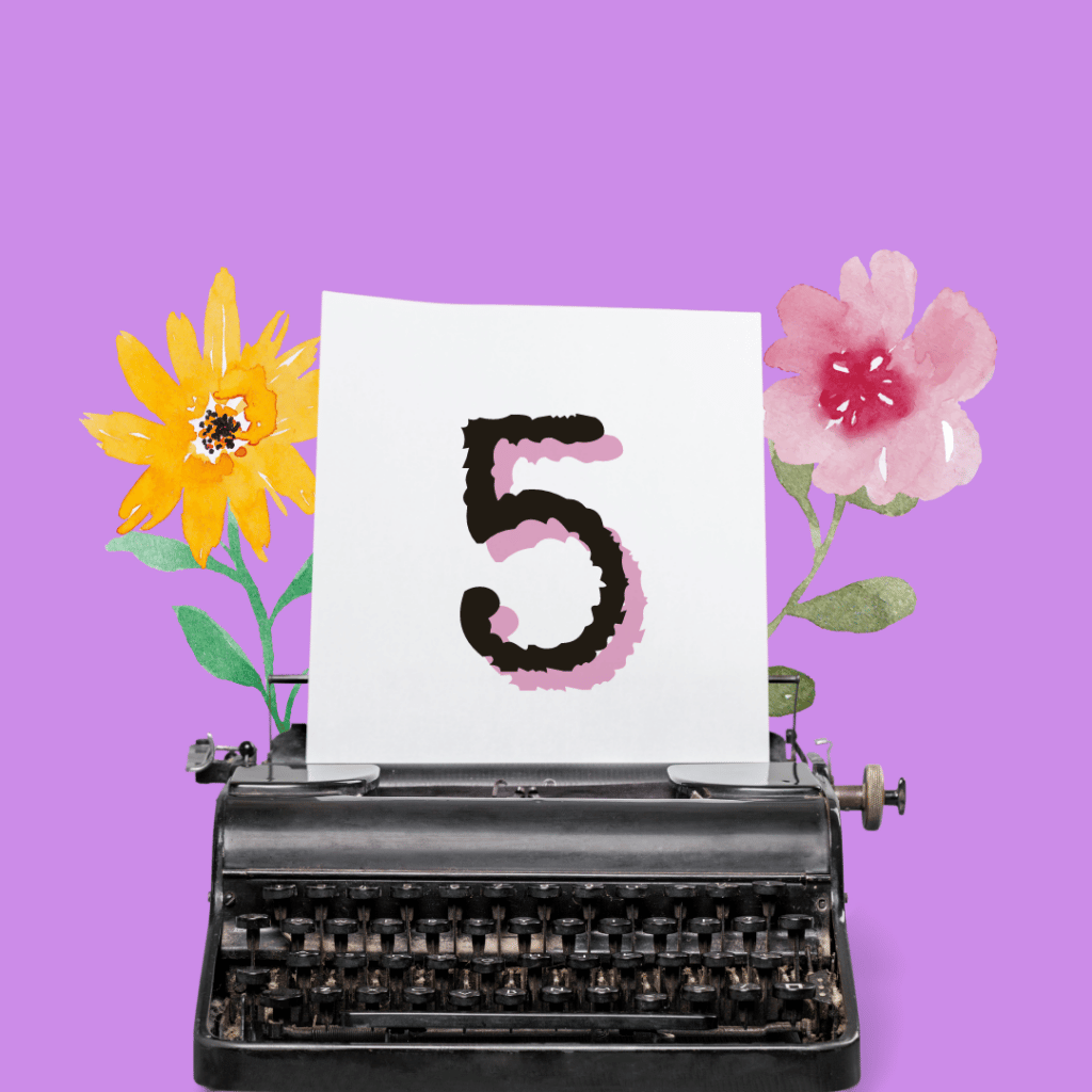 typewriter with flowers and the number 5
