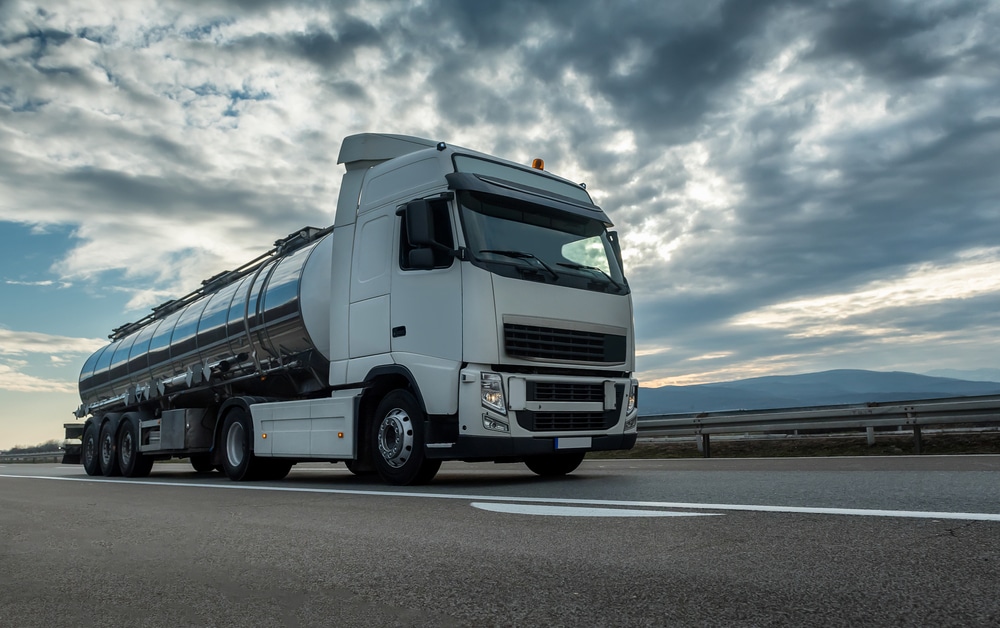 Cistern,Tank,Truck,Close,Up,On,A,Highway,Road,With